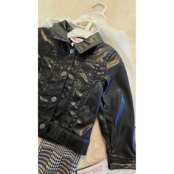 NWT Little Lass 18M 3pc Faux Leather Jacket Set Plaid Pants - Picture 2 of 7